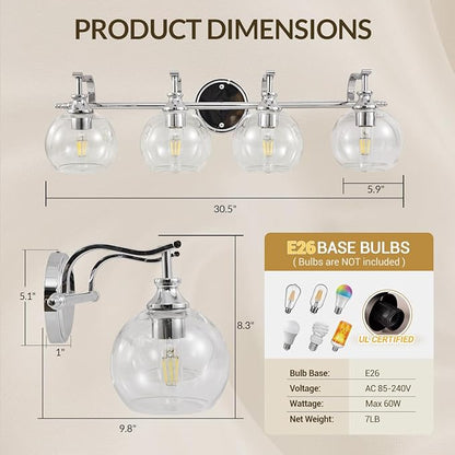 ANDY STAR 4-Light Bathroom Vanity Light, Chrome Wall Sconce, Anti-Rust Metal Bathroom Light with Hight-Quality Clear Glass, Bath Wall Lamp for Mirror, Kitchen, Living Room, Bedroom, Hallway, 30.5"
