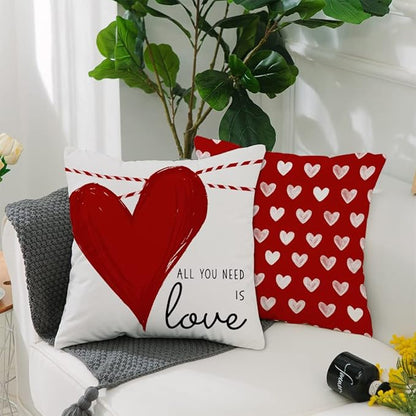 GEEORY Valentines Day Pillow Covers 16x16 inch Set of 4 for Valentines Decor Red White Stripes Dots Love Heart Valentines Day Throw Pillows Decorative Cushion Cases Valentine Decorations