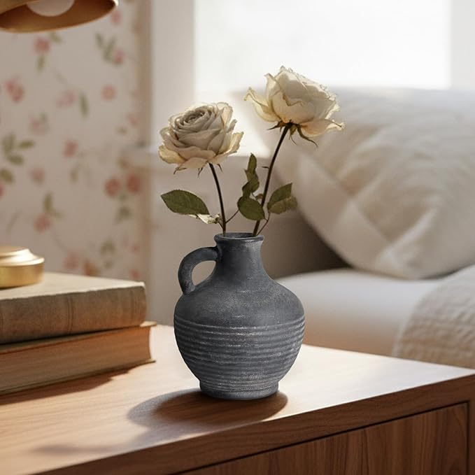 Black Ceramic Vase, Rustic Farmhouse Vase with Handle, 6 inch Terracotta Clay Small Vases, Centerpieces for Dining Table, Living Room, Bedroom, Entryway, Shelf Decor