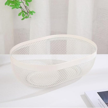 Metal Mesh Steel Basket, Oval Metal Wire Storage Organizer Baskets Multi Functional Kitchen Baskets Countertop Fruit Baskets Garden Harvest Basket for Kitchen Picnic Decor Cabinet Home, White