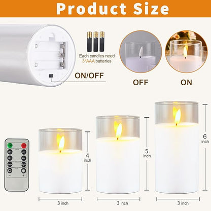 Tyawon Glass Battery Operated LED Flameless Candles with Remote and Timer, Real Wax Candles Warm Color Flickering Light for Festival Wedding Home Party Decor(Pack of 3)-White