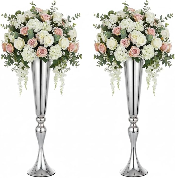 Set of 2 Versatile Metal Tabletop Flower Stands, Silver Dining Table Centerpiece Vases, 21.9" Tall Trumpet Vases for Wedding Birthday Ceremony Party Special Event Home Décor