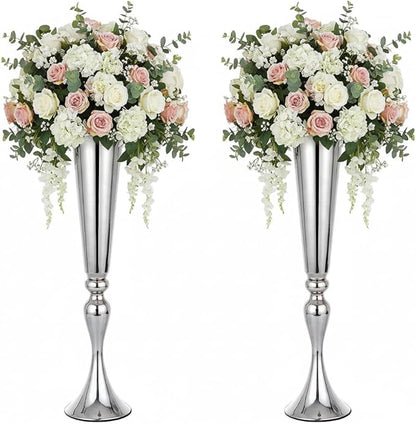 Set of 2 Versatile Metal Tabletop Flower Stands, Silver Dining Table Centerpiece Vases, 21.9" Tall Trumpet Vases for Wedding Birthday Ceremony Party Special Event Home Décor