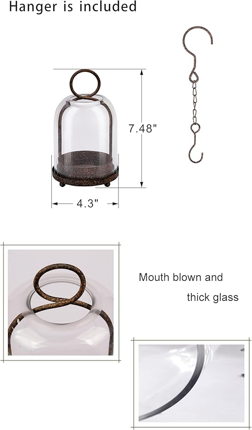 7.5" High Versatile Modern Metal Hurricane Lantern with Handmade Sturdy Glass Dome in Rustic Brown for 2" Pillar Candle & Plants, Industrial, Farmhouse, Shabby Chic (Brown, 4" x7.5 for 2" Pillar)