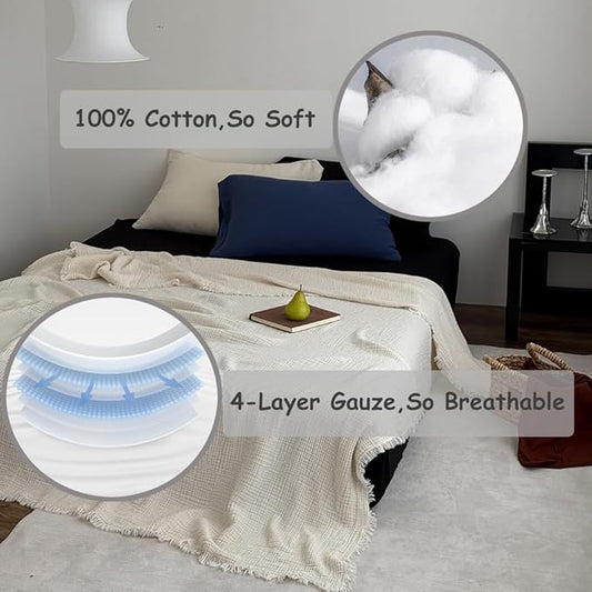 100% Cotton 4-Layer Muslin Blanket with Fringes, 50"x60", Beige Throw Blanket, Ultra-Soft Gauze Blanket, Boho Bedding for All Seasons, Breathable for Couch, Bed(Beige,Throw)