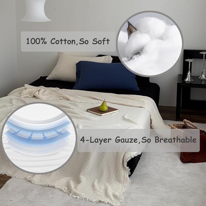 100% Cotton 4-Layer Muslin Blanket with Fringes, 80"x90", Beige Bed Blanket, Ultra-Soft Gauze Boho Bedding for All Seasons, Breathable for Couch, Bed(Beige,Queen)