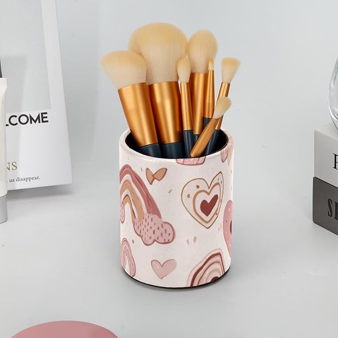 Pen Holder for Desk, Cute Hearts and Rainbows in Pastel Pink and Beige Tones Round Leather Stand Pencil Cup Office Desk Organizer for Women Men Teachers, 3.9 x 3.9 x 3.1 inches