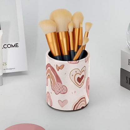 Pen Holder for Desk, Cute Hearts and Rainbows in Pastel Pink and Beige Tones Round Leather Stand Pencil Cup Office Desk Organizer for Women Men Teachers, 3.9 x 3.9 x 3.1 inches