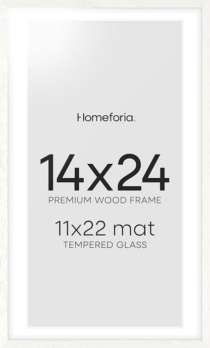 Homeforia 14x24 White Picture Frame, High End Oak 14x24 White Wooden Poster Frames with Mat 11x22 for Print, 14 x 24 Wood Frame Matted to 11 x 22 Photo, 24x14 Frame, Tempered Glass, Wall Kit, Set of 1