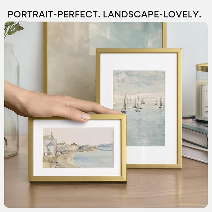 Homeforia 8.5 by 11 Picture Frame Gold, High End Metal 8.5x11 Poster Frames with Mat 6x8 Photo, 8.5 x 11 Frame Matted to 6 x 8 Print, 8.5by11 Wall or Tabletop Frame, Tempered Glass, Wall Kit, Set of 2