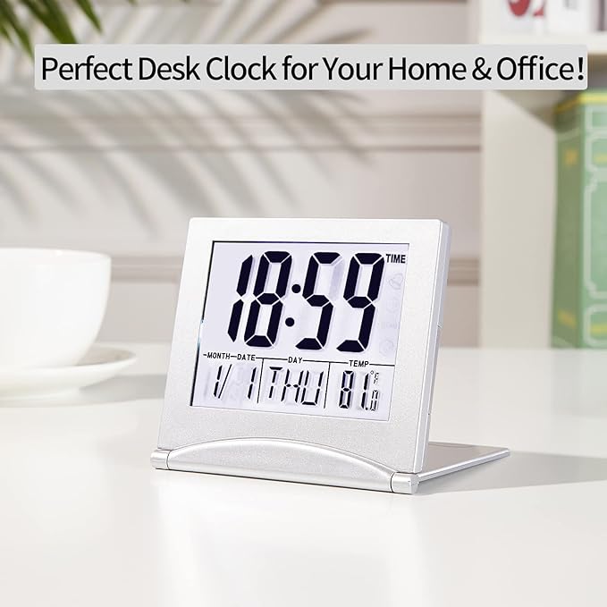 Small Digital Travel Alarm Clock Battery Operated, Portable Large Number Display Loud Alarm Clock with Temperature, Night Backlight, 12/24 H Desk Clock -Silver (White Light)