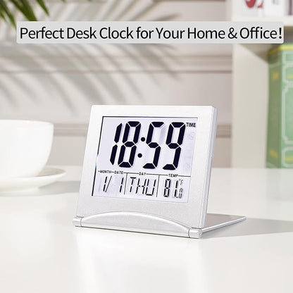 Small Digital Travel Alarm Clock Battery Operated, Portable Large Number Display Loud Alarm Clock with Temperature, Night Backlight, 12/24 H Desk Clock -Silver (White Light)