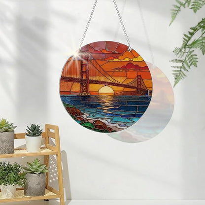 Sunset Bridge Landscape Acrylic Suncatcher, Artistic Colorful Sun Catcher, Indoor Window Wall Art, Aesthetic Home Decor, Window Door Decoration, Birthday Gift for Women, Men, Wife, Aunt, and Mom