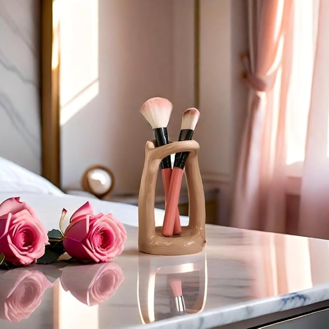 Handmade Ceramic Holder Stand for Toothbrushes, Makeup Brushes, and Pens - Minimalist Design for Bathroom Vanity and Countertops Decor (Milky Brown)