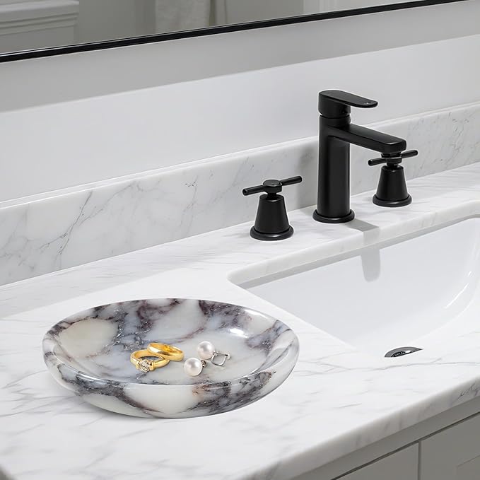 Real Travertine Jewelry Dish, 5.5" Marble Tray, Trinket Dish for Ring Earring, Gift for Woman (Calacatta Viola)