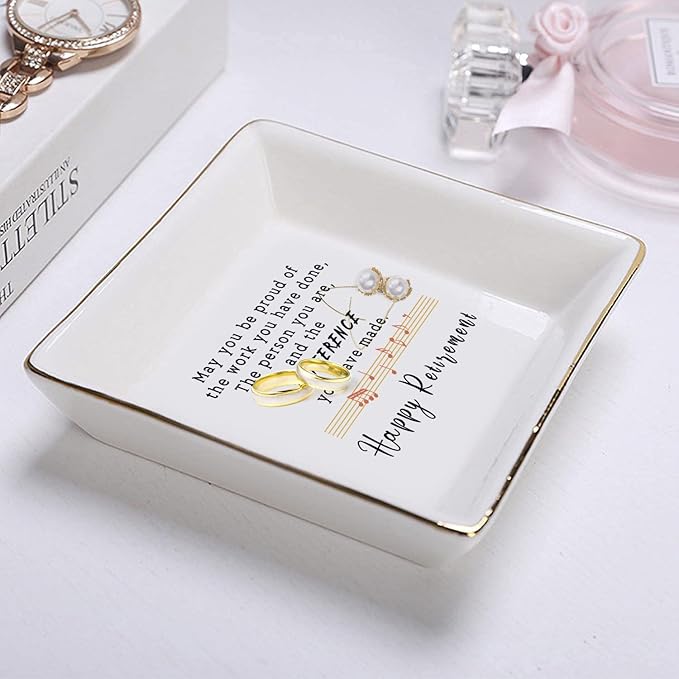 Retirement Gifts for Women 2022 Teacher Happy Retirement Decorations Party Appreciation Gift Female Nurse Friend Mom Coworker Boss Plaque Best Funny Jewelry Dish Personalized Trinket Tray Ring Plates