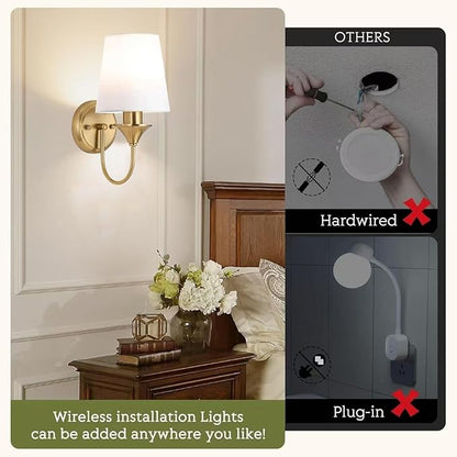 Brass Battery Wall Sconces Battery Operated Wall Lights Set of Two with Rechargeable Bulbs & Remote, Wireless Gold Battery Powered Wall Sconce, Cordless Fabric Wall Lamp for Bedroom Living Room Porch