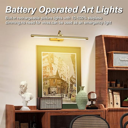 Aipsun 23.6" Brass Picture Lights for Wall Rechargeable,12000mAh Battery Operated Art Light for Paintings,3CCT Dimmable, Rotatable Gallery Light for Pictures Display