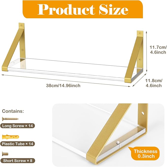 Clear Shelves, Gold Floating Shelves Wall Mounted Set of 3, 8mm Transparent Acrylic, Invisible Wall Shelves for Bedroom, Living Room, Bathroom, Kitchen, Office Display Decor (15in)