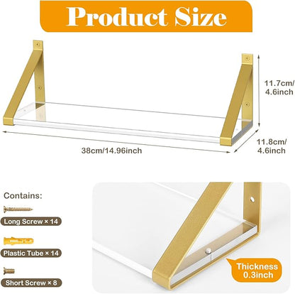 Clear Shelves, Gold Floating Shelves Wall Mounted Set of 3, 8mm Transparent Acrylic, Invisible Wall Shelves for Bedroom, Living Room, Bathroom, Kitchen, Office Display Decor (15in)