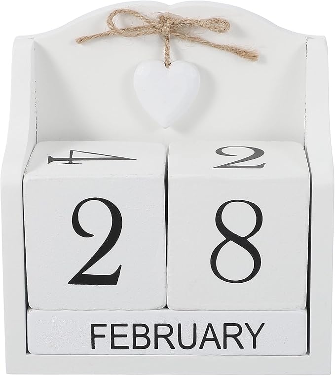 uxcell Wooden Desk Calendar, Wood Block Perpetual Calendar Vintage with 5 Blocks & Heart Reusable Month Date Display for Desk Office Home Desktop Decoration, White