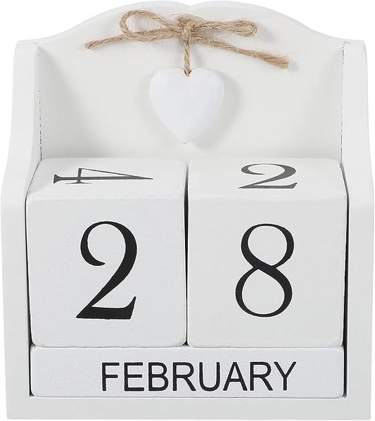 uxcell Wooden Desk Calendar, Wood Block Perpetual Calendar Vintage with 5 Blocks & Heart Reusable Month Date Display for Desk Office Home Desktop Decoration, White