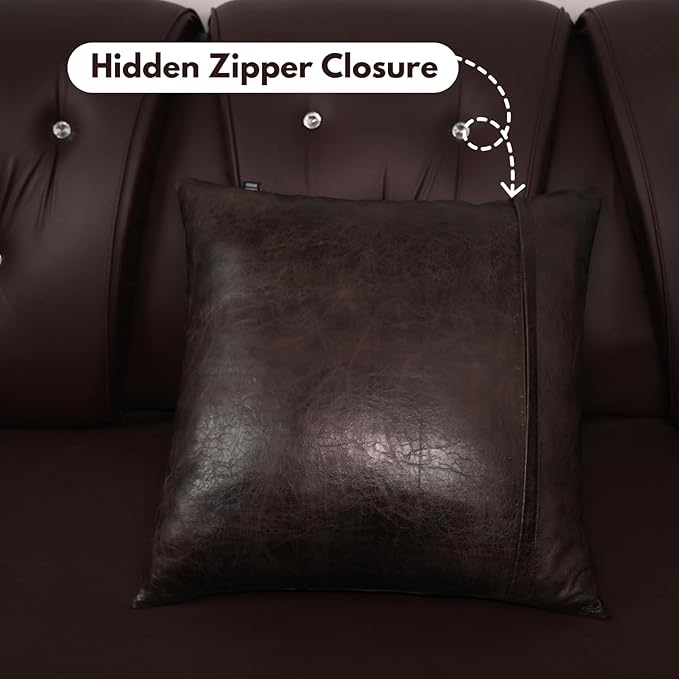 D DOLLY LAMB Lambskin Leather Pillow Cover - Sofa Cushion Case - Decorative Throw Covers for Living Room & Bedroom, 14x14 Inches - Dark Brown Crunch Plain Pack of 2