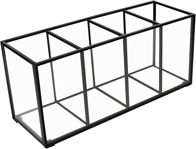 Pencil Holder for Desk,Tempered Glass Pen Holder,3&4 Compartments,Desktop Storage Organizer for Office Supplies,School Supplies,Pens,Markers,Pencils,Scissors,Paperclips (Black, 4 compartments)