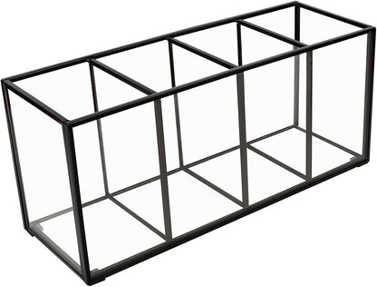 Pencil Holder for Desk,Tempered Glass Pen Holder,3&4 Compartments,Desktop Storage Organizer for Office Supplies,School Supplies,Pens,Markers,Pencils,Scissors,Paperclips (Black, 4 compartments)