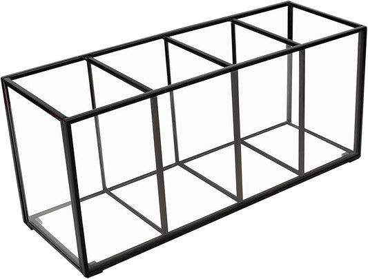 Pencil Holder for Desk,Tempered Glass Pen Holder,3&4 Compartments,Desktop Storage Organizer for Office Supplies,School Supplies,Pens,Markers,Pencils,Scissors,Paperclips (Black, 4 compartments)