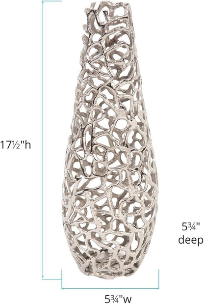 Howard Elliott Large Silver Aluminum Branch Vase with Padded Bottom, Modern Accent Abstract Decorative Centerpiece Flower Vase with Intertwined Design for Weddings & Decoration, 5.3 x 5.3 x 17.5 Inch