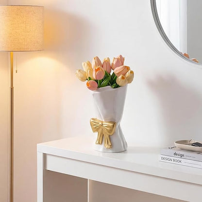 Fully Glazed White Ceramic Gold Bow Vase 9.64 in Unique Cute Modern Decorative Bouquet Flower Vases for Home Living Room Table Valentine's Day Decor Women Girl Gifts
