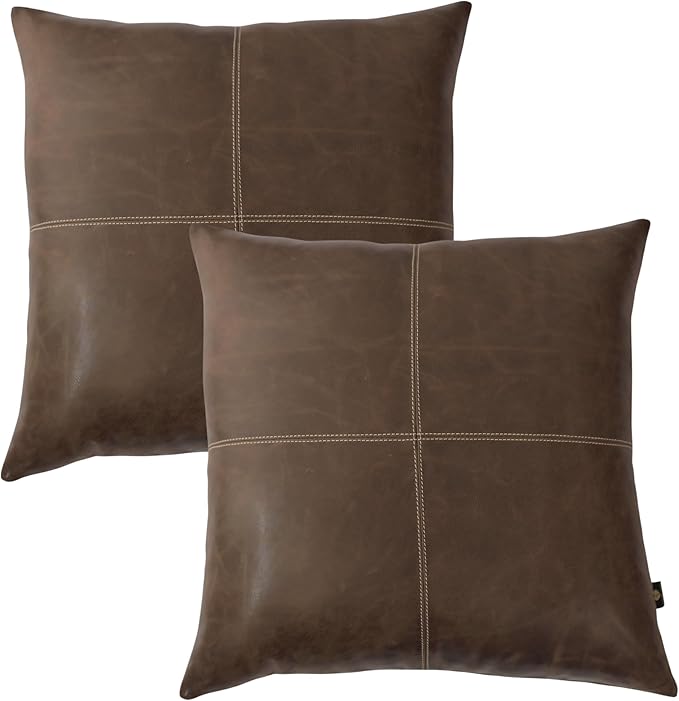 LL LEATHER LOVERS Lambskin Leather Pillow Cover - Sofa Cushion Case - Decorative Throw Covers for Living Room & Bedroom, 22x22 Inches - Chiku Brown Plain Pack of 2