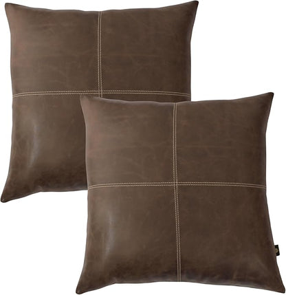 LL LEATHER LOVERS Lambskin Leather Pillow Cover - Sofa Cushion Case - Decorative Throw Covers for Living Room & Bedroom, 22x22 Inches - Chiku Brown Plain Pack of 2