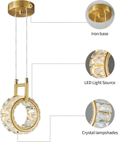 Kitchen Island Mini Light Fixture Modern Led Crystal Pendant Light Gold Round Chandelier for Dining Room Living Room Kitchen Bedroom Bar（1-Pack）