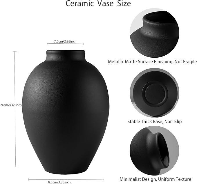 Matte Black Metal Vase, 9.5 Inch Tall Oval Shaped Decorative Flower Vase for Tabletop, Minimalist Modern Home Décor, Centerpieces for Living Room, Dining Room, Wedding or Office