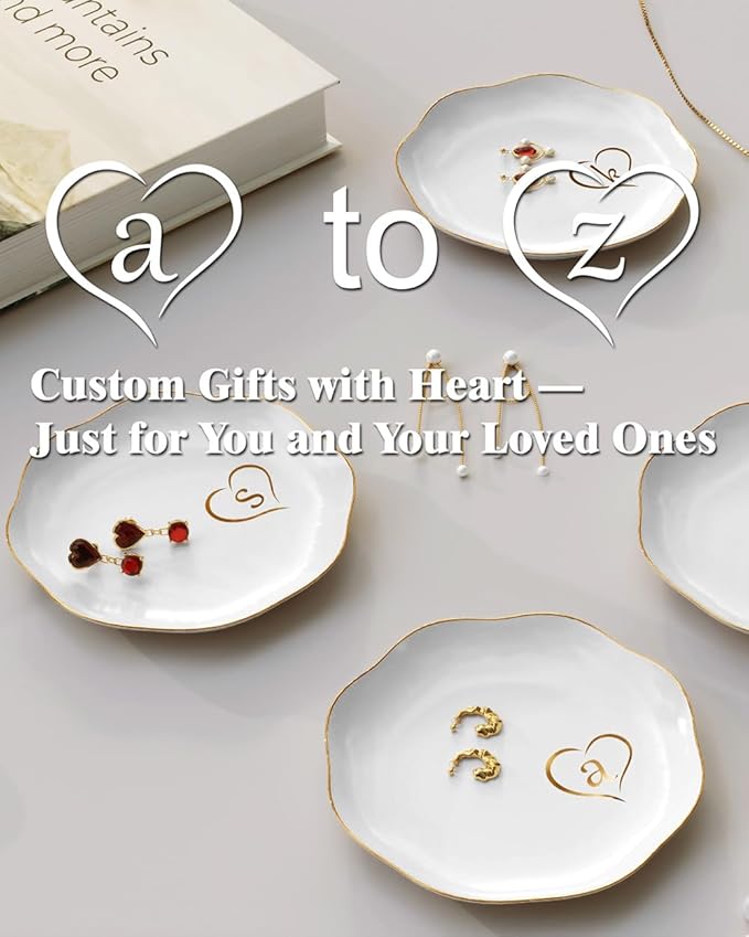Gifts for Women – Initials Ceramic Jewelry Dish for Earrings, Necklaces, Bracelets, Rings, Watch, and Keys – Mother’s Day, Christmas, and Birthday Gifts for Women (j)