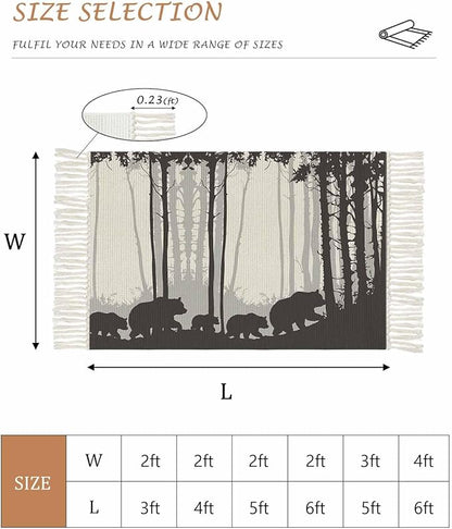 Rustic Bear Runner Rug 3X5 Ft Bedroom Area Rug, Washable Woven Forest Animal Rustic Cabin Throw Carpet with Tassel, Non-Shedding Farmhouse Vintage Nature Scenery Art Dining Room Living Room Carpets