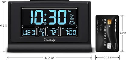 DreamSky Alarm Clocks for Bedrooms with Battery Backup, Auto Set Digital Clock with Date and Day of Week, Temperature, USB Port, Auto DST, Dimmer, 12/24H