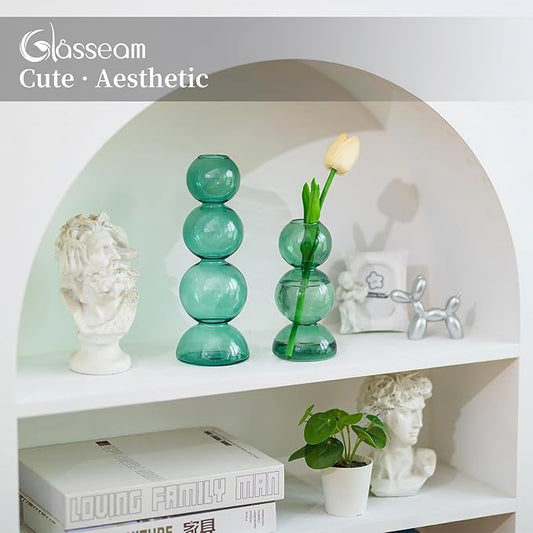 Glassseam Glass Vases for Flowers, Green Bud Vases for Decor, Cute Small Vase, Modern Aesthetic Vase, Unique Round Flower Vase, Decorative Bubble Vases for Centerpieces Wedding Table Decorations