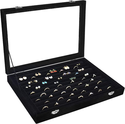 Rings Organizer Tray 10 Slots Velvet Ring Display Tray Insert Jewelry Earring Storage Box with Transparent Glass lid Can Hold 100 Rings Earrings Suitable for Girls and Women (Black)