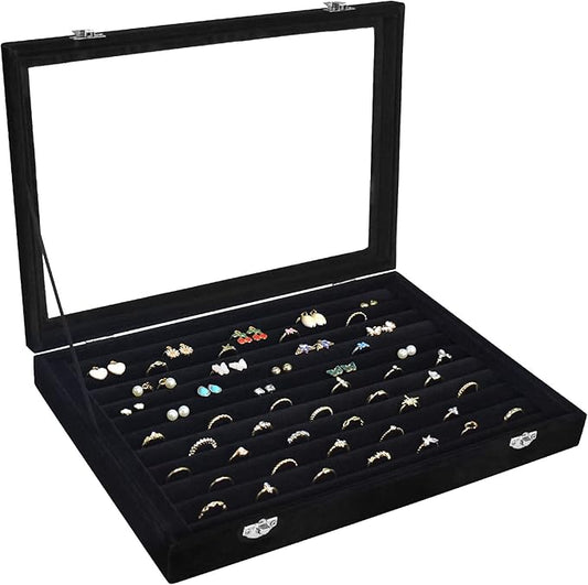 Rings Organizer Tray 10 Slots Velvet Ring Display Tray Insert Jewelry Earring Storage Box with Transparent Glass lid Can Hold 100 Rings Earrings Suitable for Girls and Women (Black)