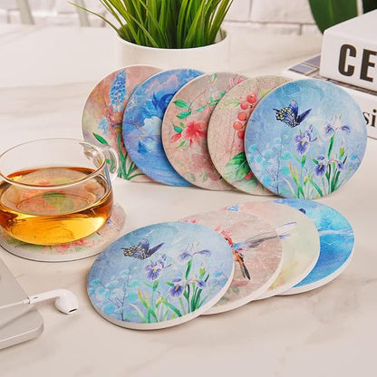 Coasters for Drinks, Set of 10 Absorbent Ceramic Stone Coasters, Natures, with Cork Back 5 Designs