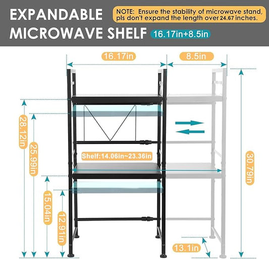 DOLALIKE Microwave Oven Rack, Expandable Microwave Stand Countertop Kitchen Utensils Tableware Storage, Carbon Steel Over Microwave Shelf Countertop with 3 Hooks