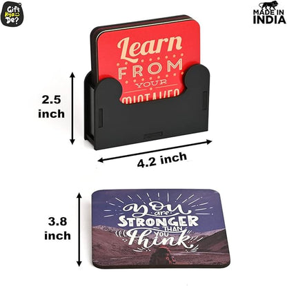GKD Wooden Coasters for Drinks, Motivational MDF Wooden Coasters Set of 6 with Holder, 3.8 inches Eco-Friendly Absorbent Coaster for Coffee Table, Office, Bar, Drinking Glasses, Tabletop Protection