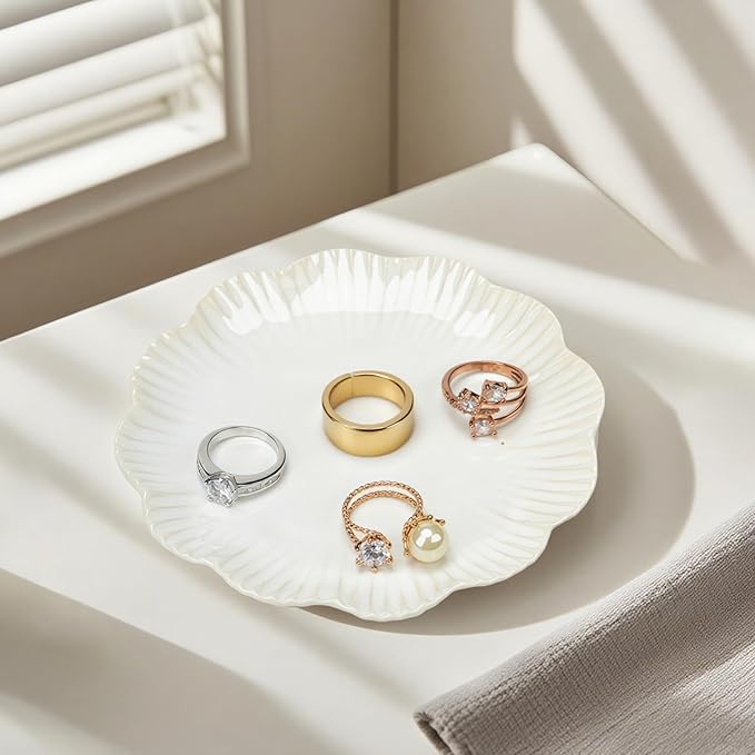 Ceramic Jewelry Dish, Decorative Tray for Rings Earrings Necklaces Bracelet Watch Keys, 4.50" Trinket Tray as Gifts for Women (White Flower)