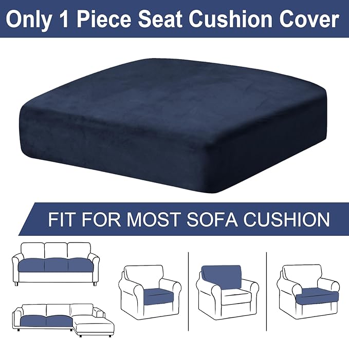 Couch Cushion Cover Velvet 1 Piece Seat Cushion Cover Stretch Armchair Cover Separate Sectional Sofa Slipcovers Furniture Protector (1-Seater or Sofa Backrest, Navy)