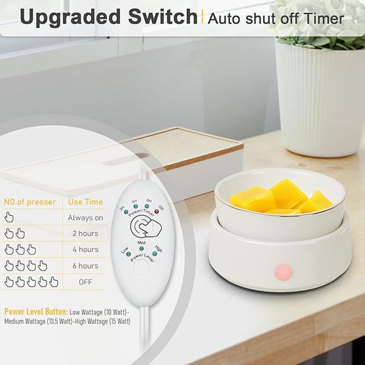 Candle Wax Melt Warmer with Safety Timer Auto Shut-Off Ceramic Electric Wax Burner Melter Timer Adjust Fragrance Intensity for Scented Wax Melts Candle Jars Essential Oils Home Office Gift Decor