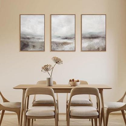 HLNIUC Large Abstract Neutral 3 Piece Wall Art Framed, Gray Lake Landscape Canvas Decor(24X36), Watercolor Smoky Mountain Wall Painting, Modern Minimalist Art Prints for Living Room, Bedroom, Office