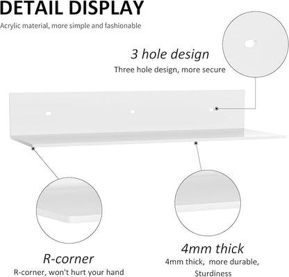 Sezanrpt 2 Pack White Acrylic Floating Shelves 15 Inches, Wall Hanging Bathroom Shelves, Wall Storage Shelf for Kitchen, Dining Room, Living Room, Bedroom, Bathroom, Retail, Supermarket